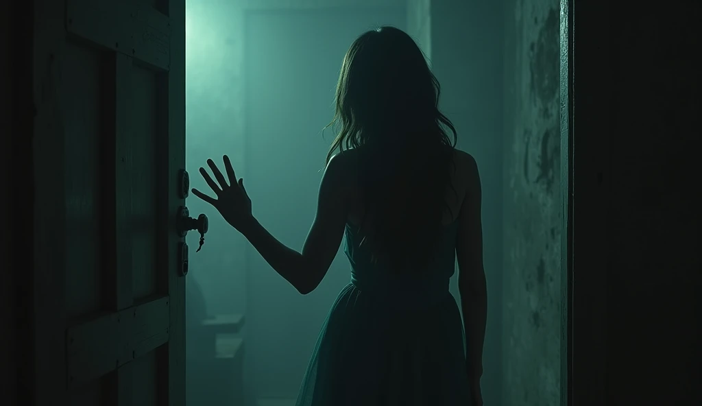 (best quality, masterpiece, ultra detailed), anime、woman is the main character、mysterious、Suspenseful Tone、Dark tones and shadows、A little creepy atmosphere、Surrealism、Dark fantasy、
The scene where the main character keeps knocking on the door。