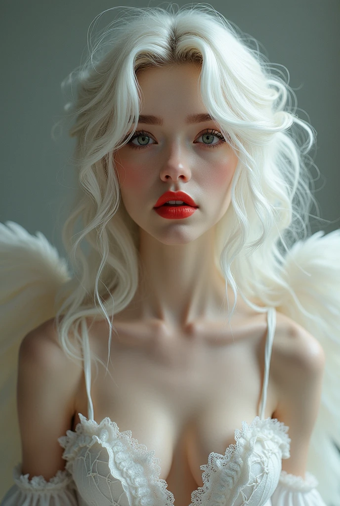 Create a woman with delicate features, heart shaped face, red lips, light eyelashes pale skin, curly white hair, Eyes red, small nose and big breasts. She gives off an air of innocence, with a doll's face