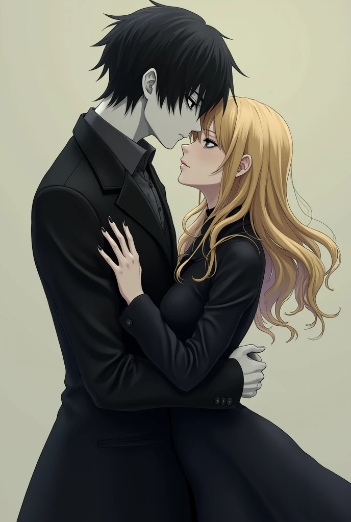 I want the image of the Le Mass couple from the anime Death Note. I want them hugging and together. He is very white, tall, pale, black hair, very thin. She has blonde hair, is short, white, wears dark makeup. They are both beautiful. He is much paler. She likes black clothes. So do it again.