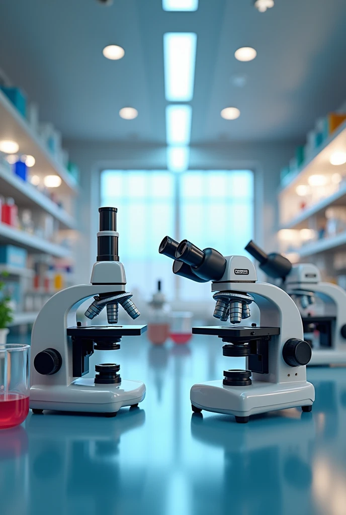 Generate an image that says in Spanish "thank you for your attention" and on the subject have the microscopes