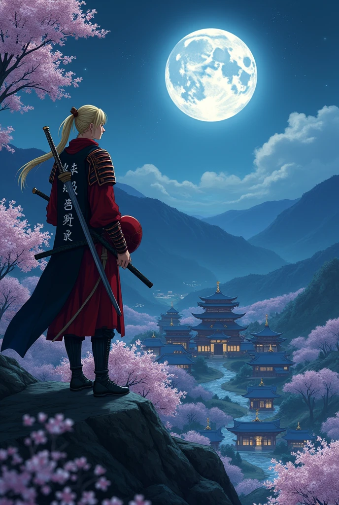A guy 170 cm tall with blond hair and blue eyes, hair tied into a ponytail with a piece of leather similar to a hair tie, tail length to shoulders, he has scarlet armor with a cape, On the black cape are Japanese runes denoting peace, The color of the runes is white. The samurai has two blades, one is two-handed on his back, the other is a regular katana., holds a scarlet helmet in his hands, [top quality] [1:1] environment night full moon samurai stands on the mountain, under the mountain there is an ancient Japanese settlement in the center of the settlement cherry blossoms have blossomed, [top quality] [1:1] Phone wallpaper 