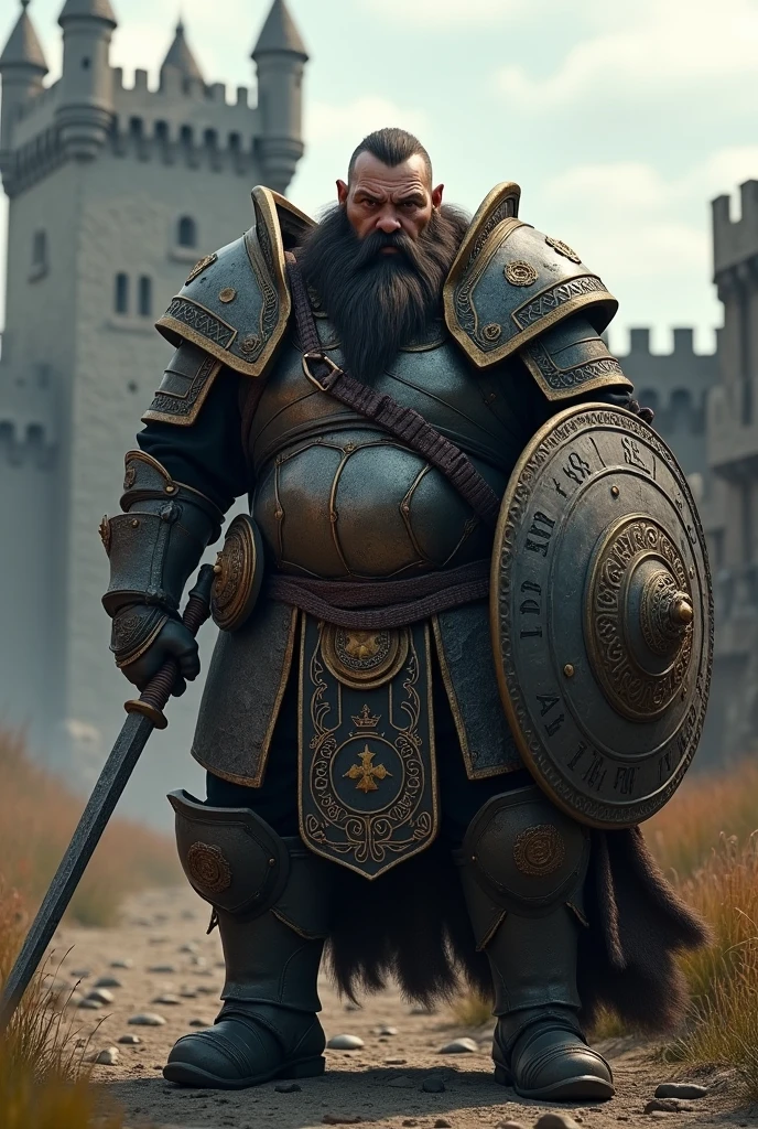 Dwarf Warrior, with full battle armor and large shield. Black eyes and hair with long beard. in the background a medieval castle.