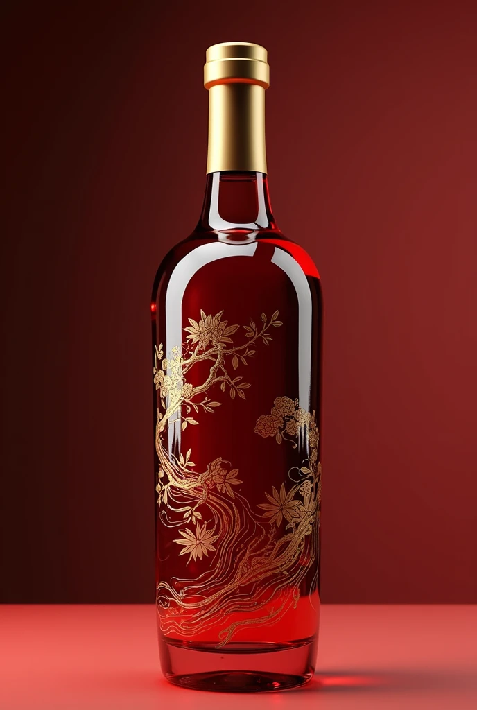 a highly detailed and elegant red glass Chinese liquor bottle, with rounded edges, intricate traditional Chinese medicinal pattern artwork in gold, sleek and modern bottle design, premium and luxurious, fluid lines and curves, gold metal cap, photorealistic, 8k, best quality, ultra-detailed, realistic, masterpiece, studio lighting, vivid colors