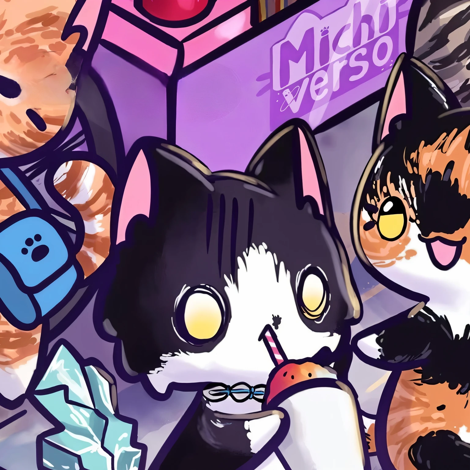 cartoon cats are eating ice cream in a store window, Fanart oficial, detailed fanart, illustration of 2 cats, cats , High quality fanart, anime visual of a cute cat, catscatscats, cats! They are around, two cats, Nixeu and Sakimichan, anything, anythingmimi, animated cat, cute cats, fursona art