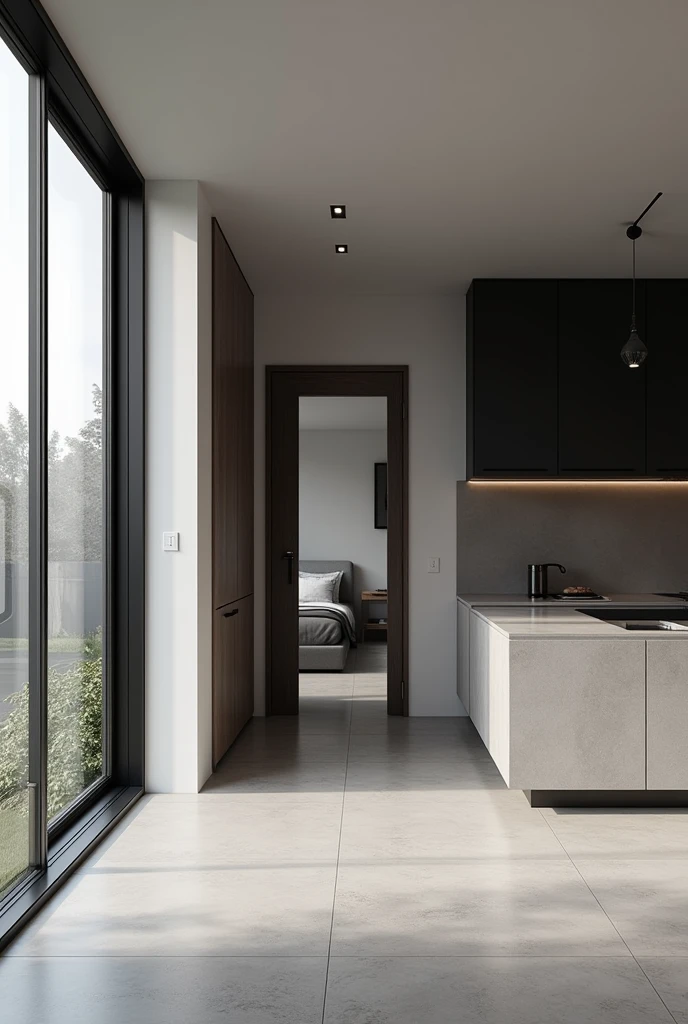 Create a 2m by 2m kitchen.5m in black and white tones with a window on the left of the image and a door on the front wall leading to the bedroom