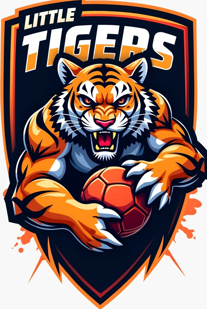 Com base no big tiger. Create a handball team shield, with the name "little tigers", where the tiger will represent the little tiger. The animal must have a handball in its hand, no people in the picture Tiger has to be angry MAKE IT MORE COMPETITIVE 

