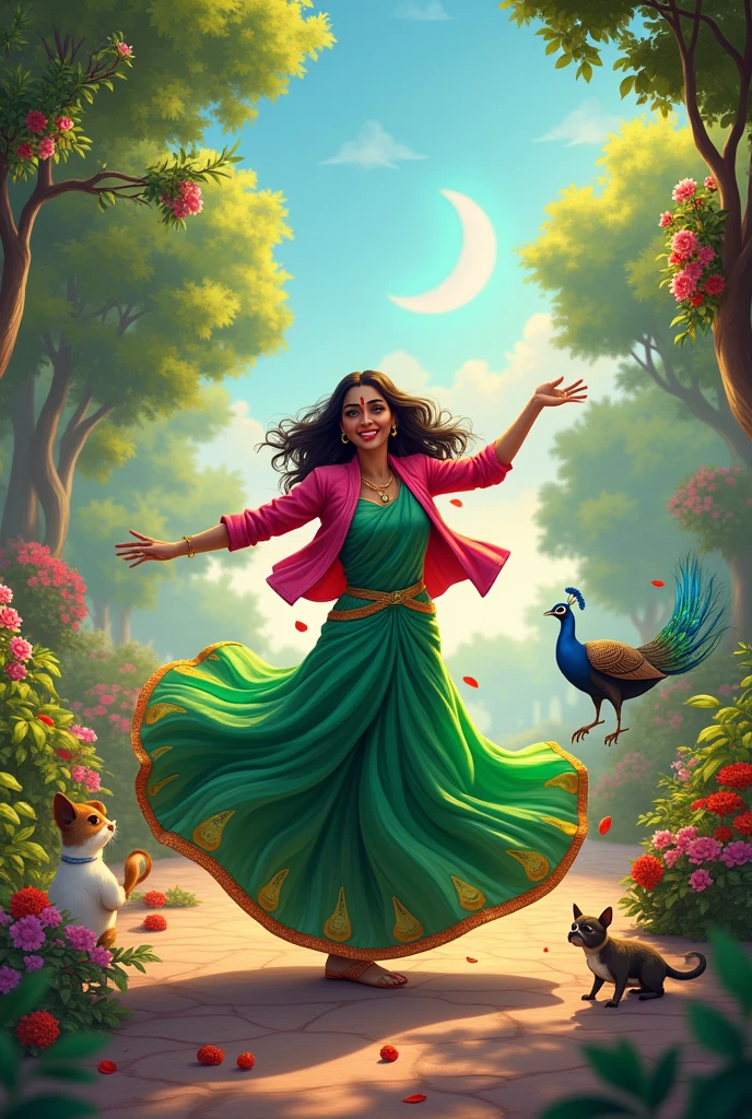  beautiful indian woman, in beautiful  green trees of colourful  flowers wearing  full-shoulder golden half saree and full green colour jacket dancing in very happy mood smiling by rotating  her self with small goat in her hand  low to high angle showing moon in sky light fading on her between the trees some pets around her and peacocks open her tail