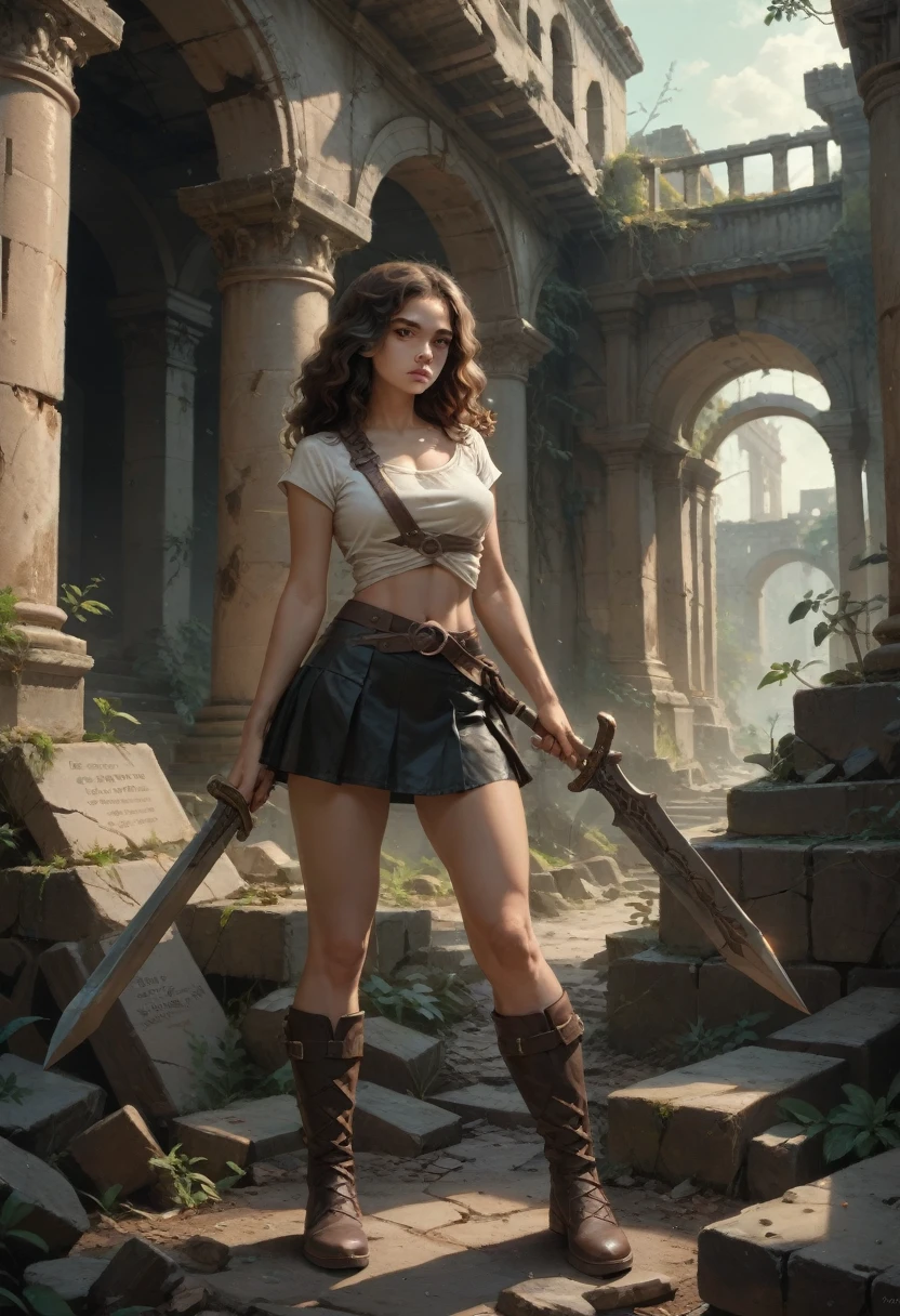warrior woman brunette fair skin wavy hair (fully body) from head to toe realism richness of detail realistic hands five fingers leather clothing worked with details skirt boots ruins behind

