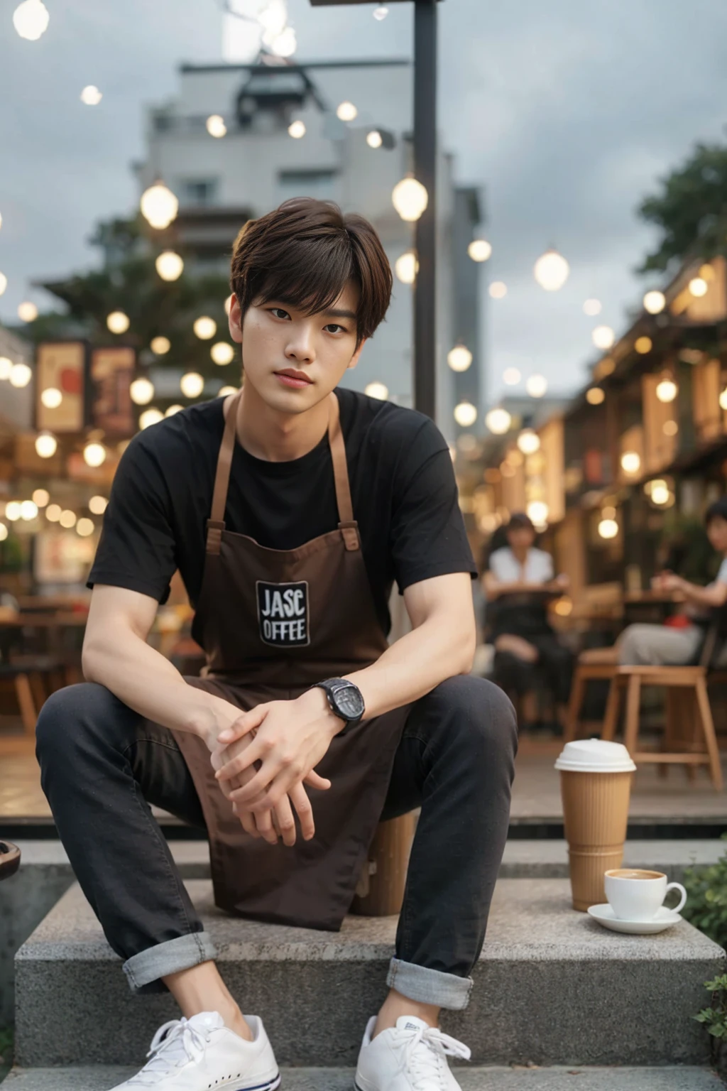 arafed man sitting on steps with a cup of coffee, jinyoung shin, jung jaehyun, mid shot portrait, male ulzzang, south korean male, inspired by jeonseok lee, high quality portrait, jk uniform, white waist apron and undershirt, inspired by Jang Seung-eop, handsome male, casual clothing style, handsome man, medium shot portrait