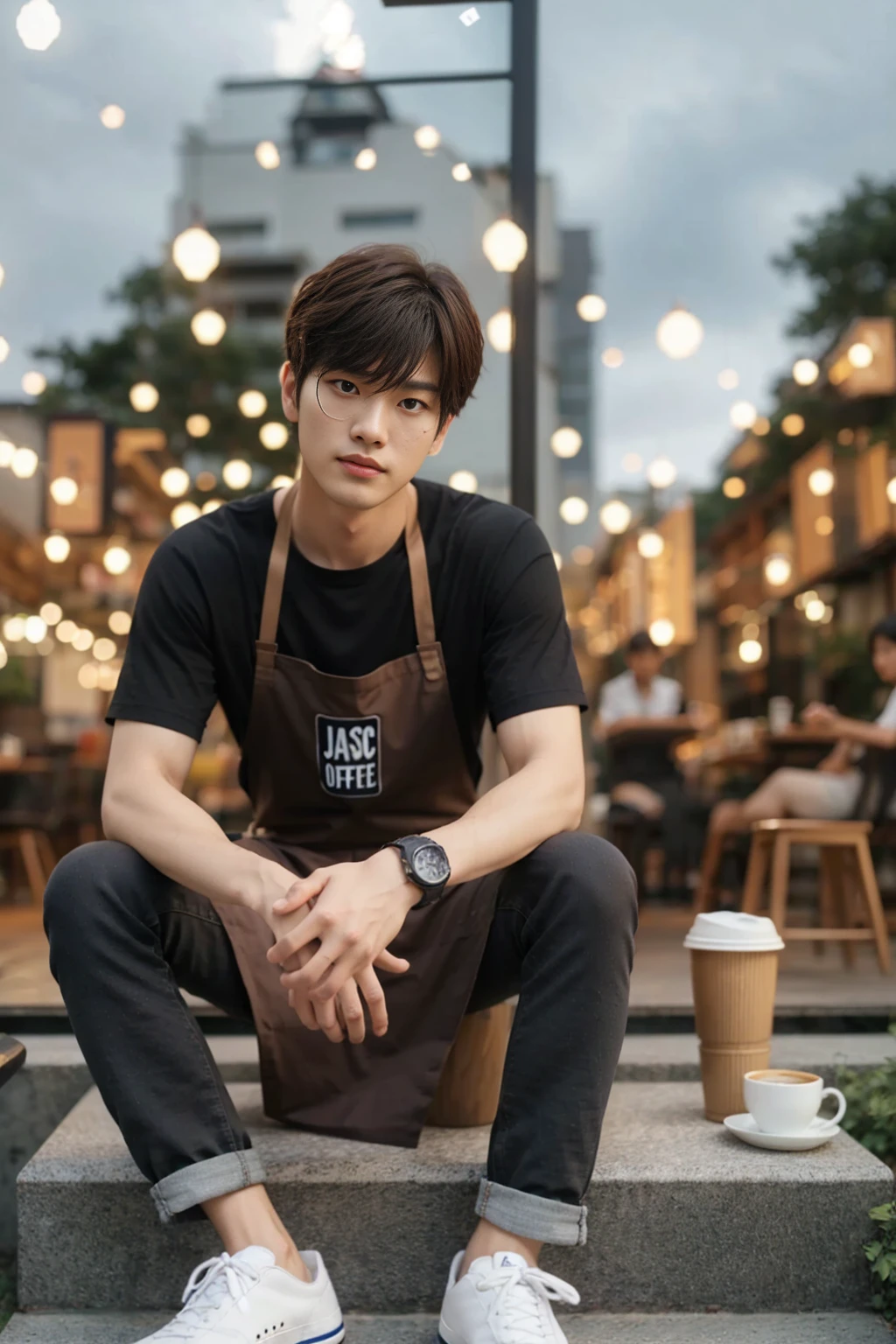 arafed man sitting on steps with a cup of coffee, jinyoung shin, jung jaehyun, mid shot portrait, male ulzzang, south korean male, inspired by jeonseok lee, high quality portrait, jk uniform, white waist apron and undershirt, inspired by Jang Seung-eop, handsome male, casual clothing style, handsome man, medium shot portrait