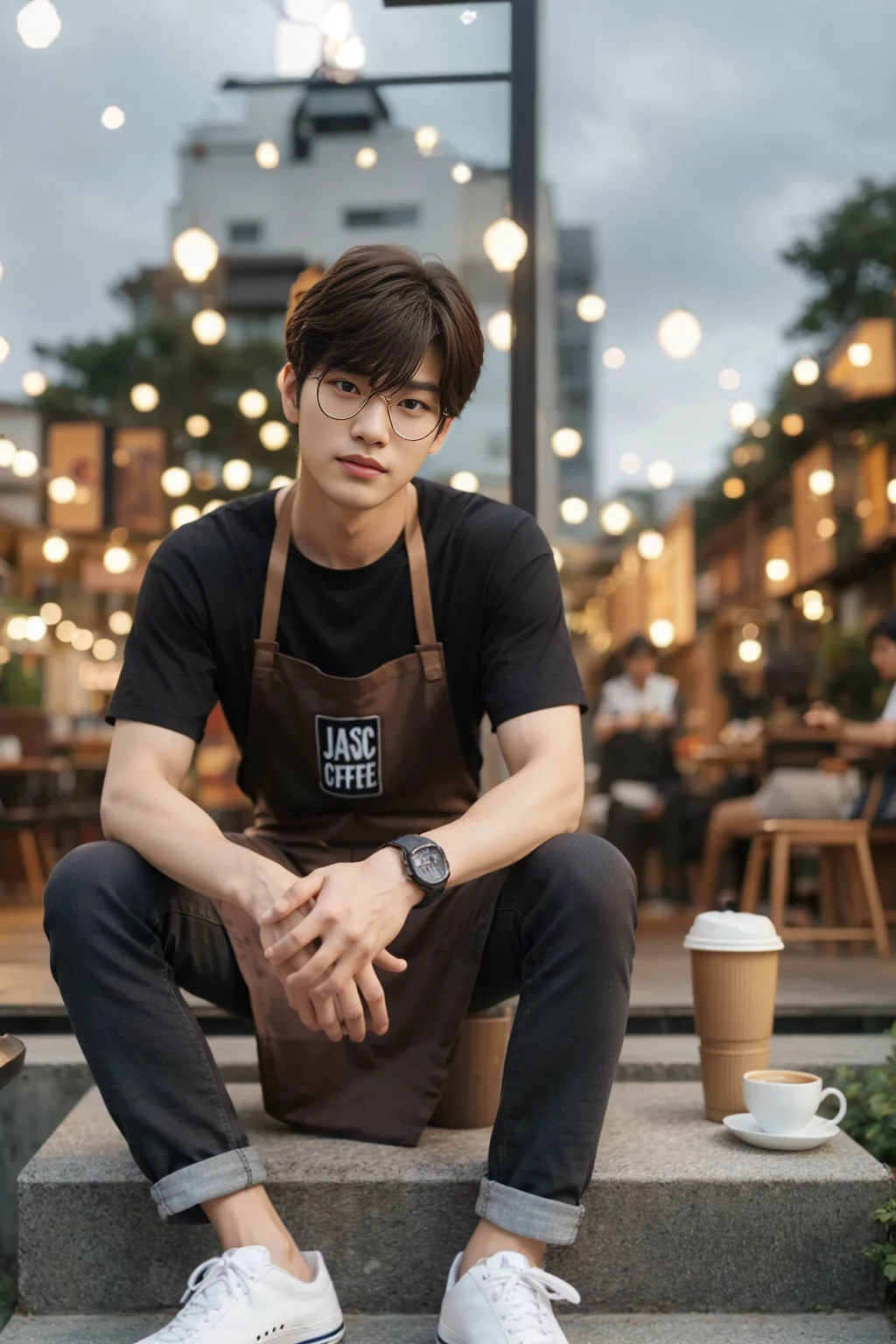 arafed man sitting on steps with a cup of coffee, jinyoung shin, jung jaehyun, mid shot portrait, male ulzzang, south korean male, inspired by jeonseok lee, high quality portrait, jk uniform, white waist apron and undershirt, inspired by Jang Seung-eop, handsome male, casual clothing style, handsome man, medium shot portrait