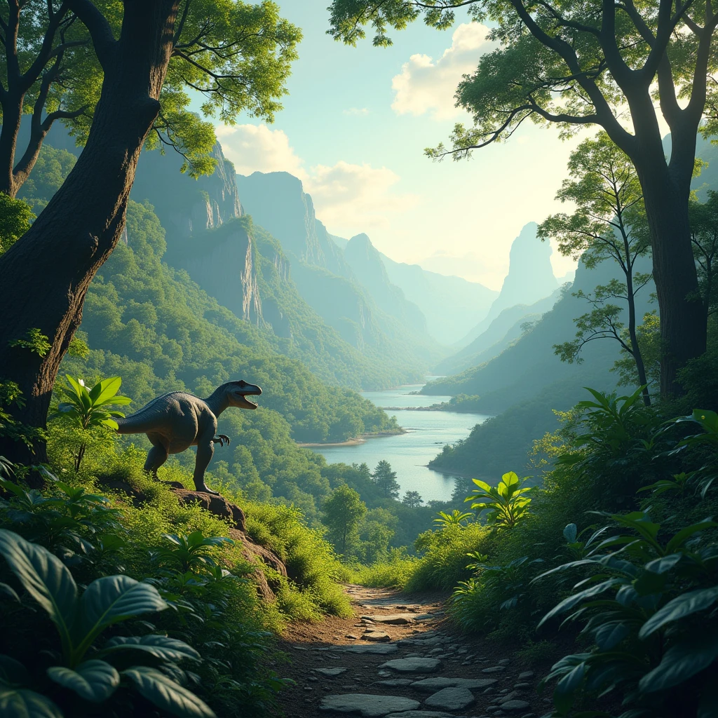 Ultra-high resolution,High-resolution details,Jurassic forest,Land nearby,There are 2 dinosaurs in the distance,There are lakes and streams in the distance,Vibrant colors,Bright,Depth of Field