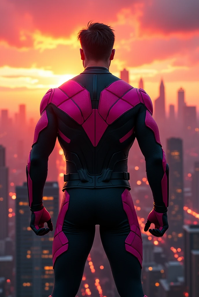 a pink and black superhero, similar to the blue beetle, looking at the sunset with a darker city in the background and with some letters that say above The Karva