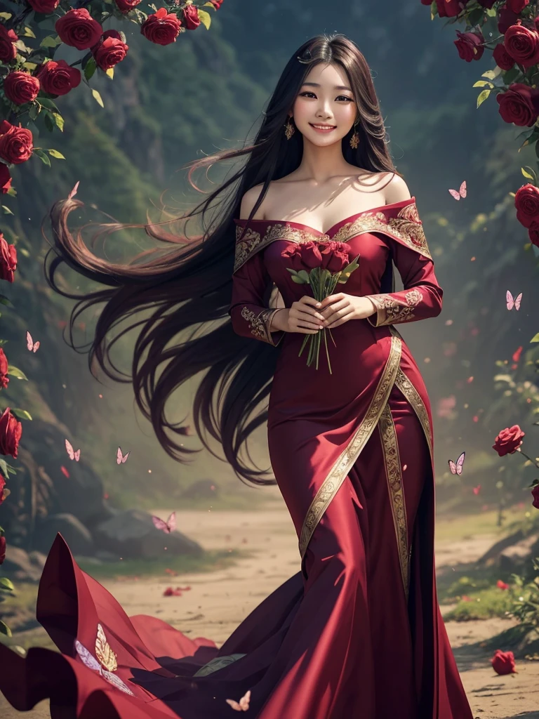 Beautiful Thai woman with long flowing hair, wearing a A long-sleeved maroon dress that looks luxurious, the bottom of the dress is blown by the wind to form a beautiful wallpaper decorated with shining flowers and butterflies.A calm smiling facial expression while holding a stalk of red roses The picture looks perfectly real