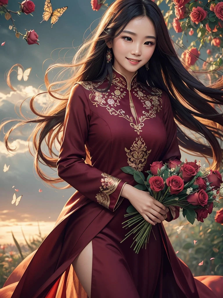 Beautiful Thai woman with long flowing hair, wearing a A long-sleeved maroon dress that looks luxurious, the bottom of the dress is blown by the wind to form a beautiful wallpaper decorated with shining flowers and butterflies.A calm smiling facial expression while holding a stalk of red roses The picture looks perfectly real