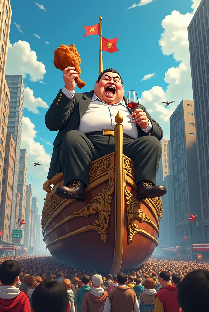 3d anime, a lot of people a hundred people, carrying a ship on his back, that has a fat politician on top, paunchy, with a crazy face, eating a huge chicken leg and drinking a glass of wine.