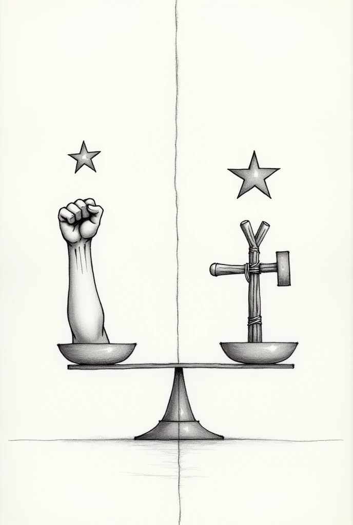 Here&#39;s an idea for a simple drawing that visually relates socialism and fascism.:

1. **Divide the drawing in half**: Draw a vertical line down the center of the page to divide the drawing into two parts..

2. **left side (Socialism)**:
   - Draw a **Fist Grenching** (symbol of socialism) raised up. 
   - Above the wrist, you can draw a **simple star** five-pointed.

3. **right side (Fascism)**:
   - Draw a **beam** (a bundle of sticks tied together with an axe), but in a very simplified way.
   - Acima do beam, Draw a **shield** with a cross, which refers to the symbol that was used in some fascist contexts.

4. **downtown**:
   - In the middle of the line that divides the two sides, Draw aa **unbalanced scale**, with one of the plates higher than the other, representing the tension between the two ideologies.

This is a simple and symbolic drawing that you can try.. If you need further guidance, I can help!
