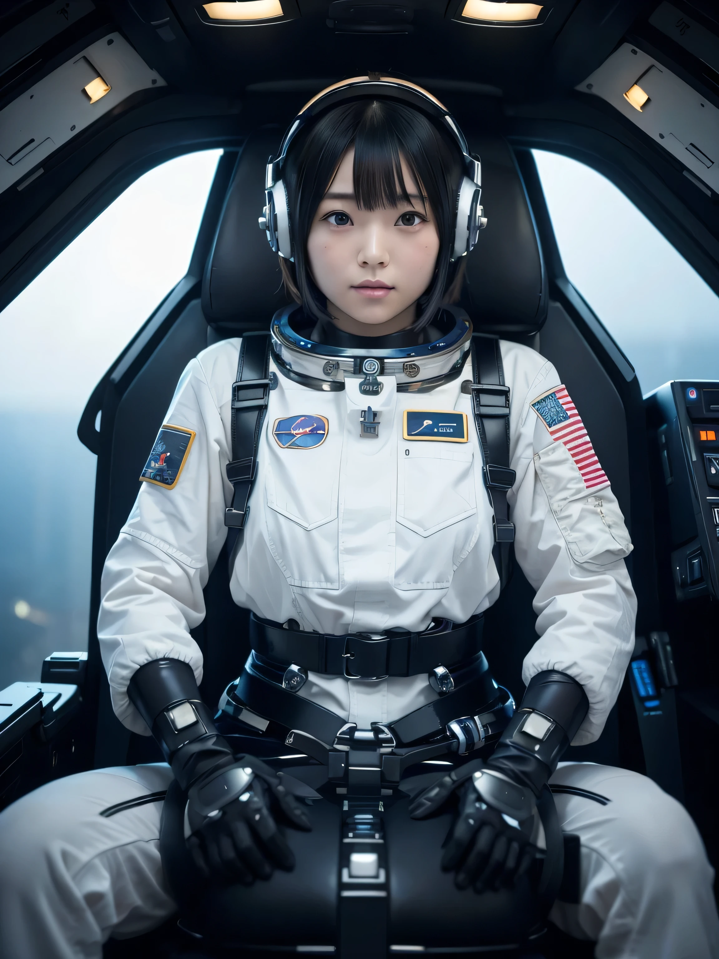 masterpiece, Highest quality, Very detailed, Japanese Android girl, Beautiful 2 Japanese woman, Plump,Control panel,Android,cyborg,Blunt bangs,Sitting in the cockpit of a spaceship and piloting it,The control stick is in the center of the seat.,astronaut,Thick harness belt,Full-face helmet,