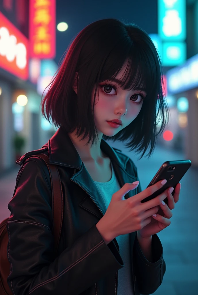 ((Beautiful girl holding a mobile phone in her hand)) 4K  8K:: Realistic::4. Cyberpunk::1 --v 4 --Quality 2