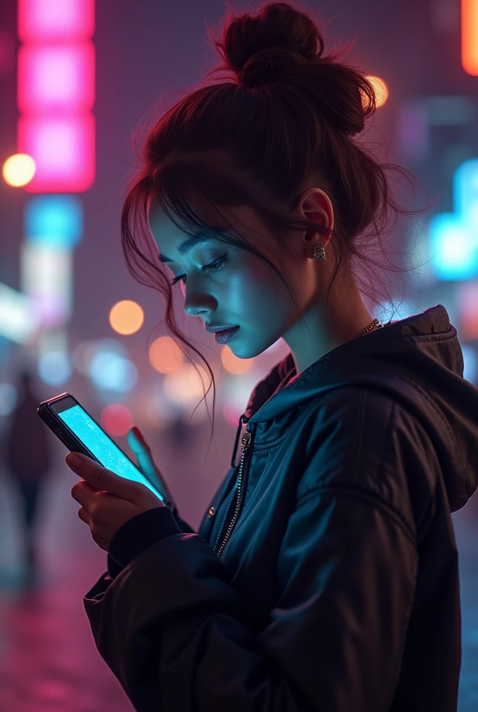((Beautiful girl holding a mobile phone in her hand)) 4K 8K:: Realistic::4. Cyberpunk::1 --v 4 --Quality 2