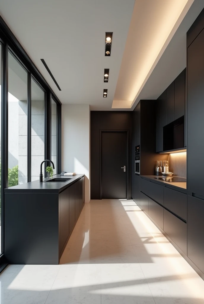 Create a 2m by 2m kitchen.5m in black and white tones with a window on the left of the image and a door on the front wall leading to the bedroom