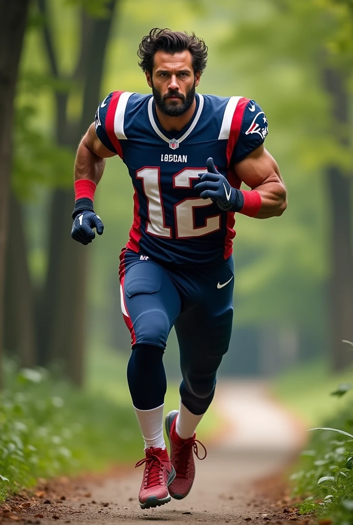 Profile picture of a young Logan Wolverine, running in a park , in a New England Patriots jersey suit #12