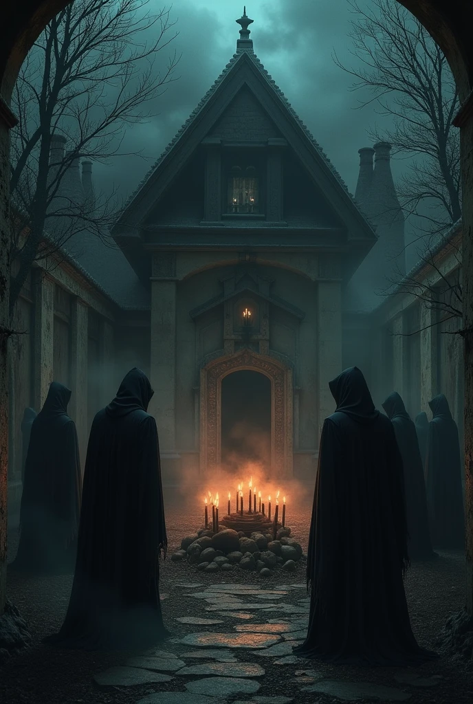 make an illustration of a house where a satanic ritual is being performed,use dark colors, do it in a scary tone to make it scary, ultrarrealisitic, extremely detaild, photoshot_\( ultra\), photoshotrealisitic, realisitic, Post-processing, Maximum details, roughness, real-life, ultrarealisitic, photoshotrealism, photoshotgraphy, 8k hd, photoshotgraphy
