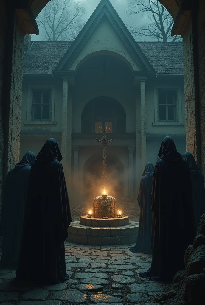 make an illustration of a house where a satanic ritual is being performed,use dark colors, do it in a scary tone to make it scary, ultrarrealisitic, extremely detaild, photoshot_\( ultra\), photoshotrealisitic, realisitic, Post-processing, Maximum details, roughness, real-life, ultrarealisitic, photoshotrealism, photoshotgraphy, 8k hd, photoshotgraphy
