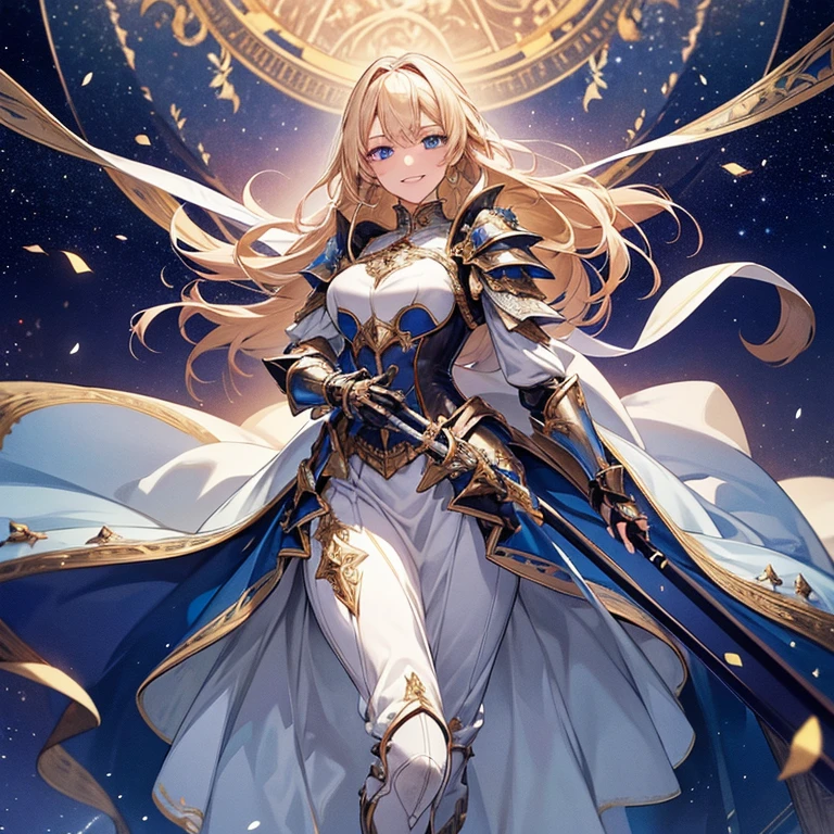 high quality,An adult woman standing alone, armored dress,Shiny and beautifully decorated armor,He holds the hilt of a beautifully decorated long sword in his hand.,Long skirt,Iridescent blonde hair, mature female,milf, detailed face,Anatomically correct, Starry sky background,Droopy eyes, Grin, Double vertical roll,
