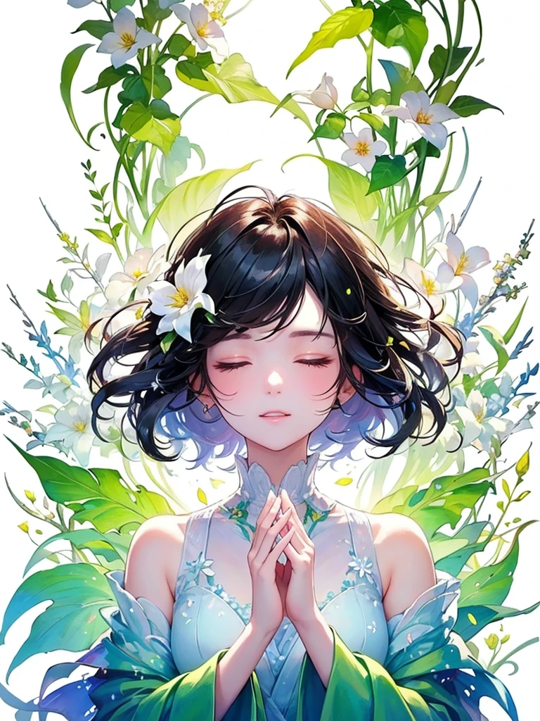 (masterpiece、Highest quality、Highest quality、Beautiful and beautiful:1.2)、Excellent anatomy、（Watercolor painting 1.5）、Long Shot、Straight short hair picture、Trendy Hair Color, Beautiful Face、I close my eyes and pray, Fairy, 蝶のFairyのコスチューム、Pure white、Pure、charm, Colorful flowers of various colors, Flowers and leaves green wind、Botanical Art, Mr.々A pose