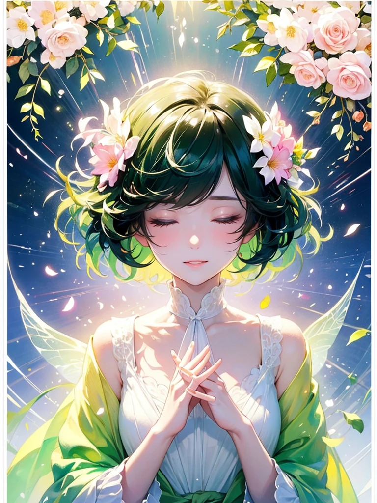 (masterpiece、Highest quality、Highest quality、Beautiful and beautiful:1.2)、Excellent anatomy、(Watercolor painting 1.5)、Long Shot、Straight short hair picture、Trendy Hair Color, Beautiful Face、I close my eyes and pray, Fairy, 蝶のFairyのコスチューム、Pure white、Pure、charm, Colorful flowers of various colors, Flowers and leaves green wind、Botanical Art, Mr.々A pose