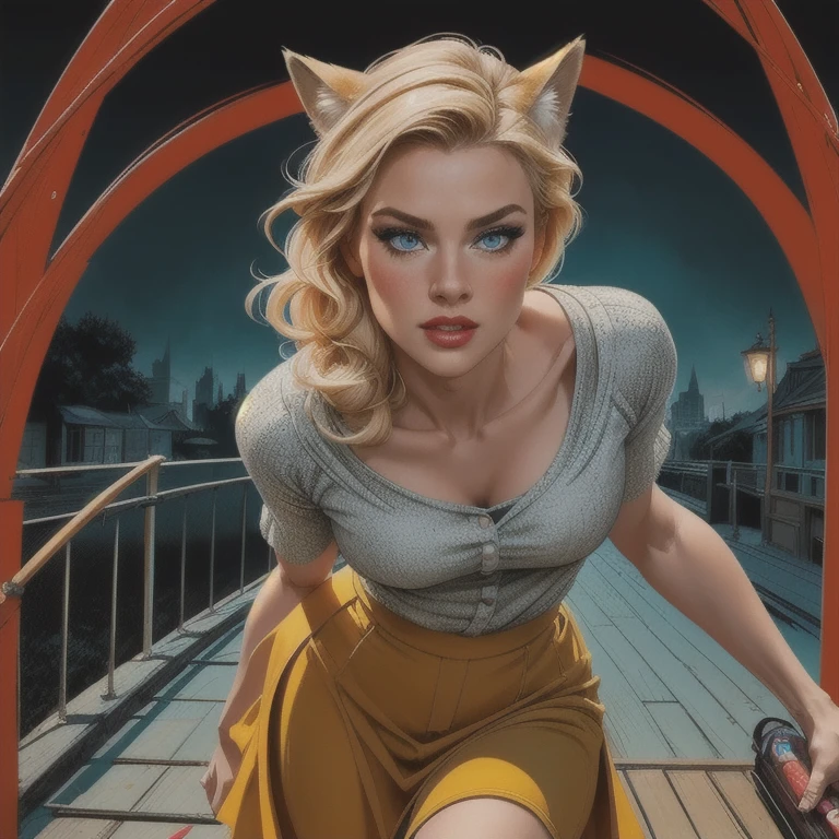 1girl, blonde hair, fox ear hair, multiple fox tails, oripathy injury, flared summer skirt, holding own tail, hairbrush, jumping excitedly, wooden pedestrian bridge, (best quality,4k,8k,highres,masterpiece:1.2),ultra-detailed,(realistic,photorealistic,photo-realistic:1.37),detailed eyes,detailed lips,extremely detailed eyes and face,long eyelashes,digital painting,vibrant colors,dramatic lighting,cinematic composition
