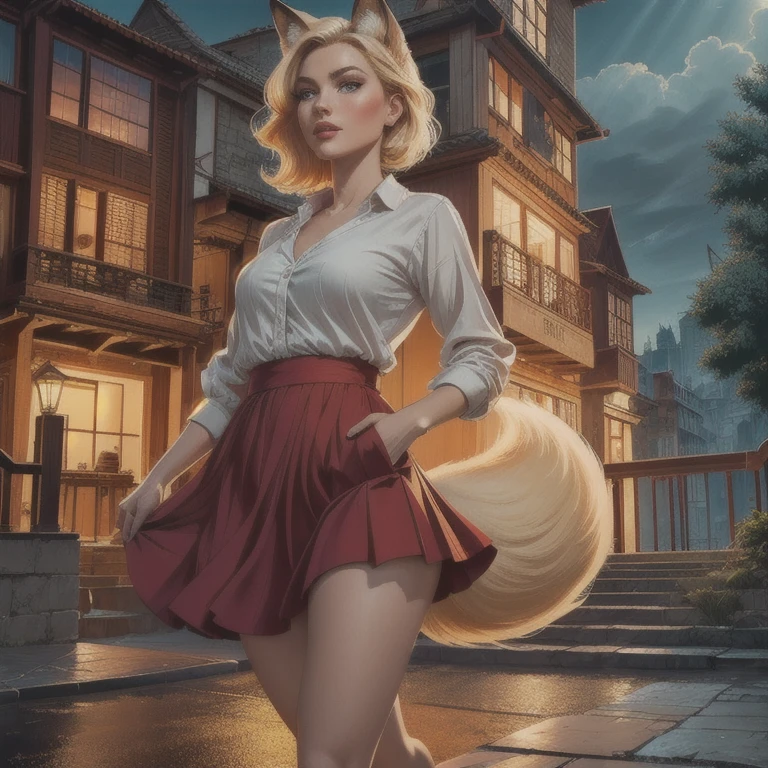 1girl, blonde hair, fox ear hair, multiple fox tails, oripathy injury, flared summer skirt, holding own tail, hairbrush, jumping excitedly, wooden pedestrian bridge, (best quality,4k,8k,highres,masterpiece:1.2),ultra-detailed,(realistic,photorealistic,photo-realistic:1.37),detailed eyes,detailed lips,extremely detailed eyes and face,long eyelashes,digital painting,vibrant colors,dramatic lighting,cinematic composition