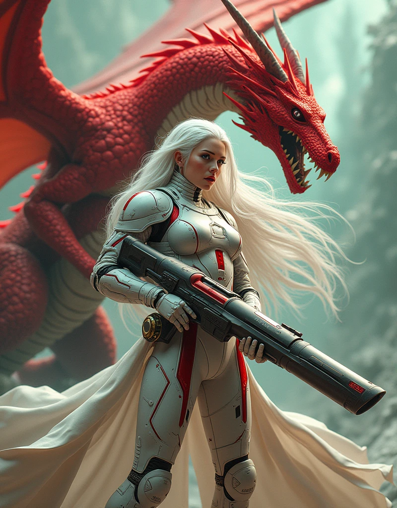 Digital artwork featuring a fantasy scene with a futuristic and vibrant style. The layout is dynamic, with the central subject being a person with long, flowing white hair, wearing a high-tech, armored suit in shades of white and red. The person has a fair skin tone and is holding a large, intricate weapon that resembles a futuristic rifle. Behind them is a large, menacing red dragon with detailed scales and sharp features, its wings partially spread. The background is a mix of abstract, swirling patterns in shades of green and red, adding to the otherworldly atmosphere of the image.4K, anatomically correct, masterpiece, high details, award winning, high quality, super detail, best quality