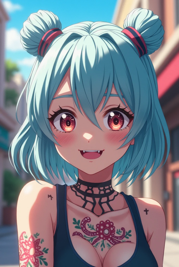Screenshot of my hero academia.
Girl with mostly light blue hair with some shades of pastel pink, short bangs and two buns, bicolor eyes, some small tattoos on the face and octopus-themed tattoos on the neck and the teeth on the right side of his mouth are silver.