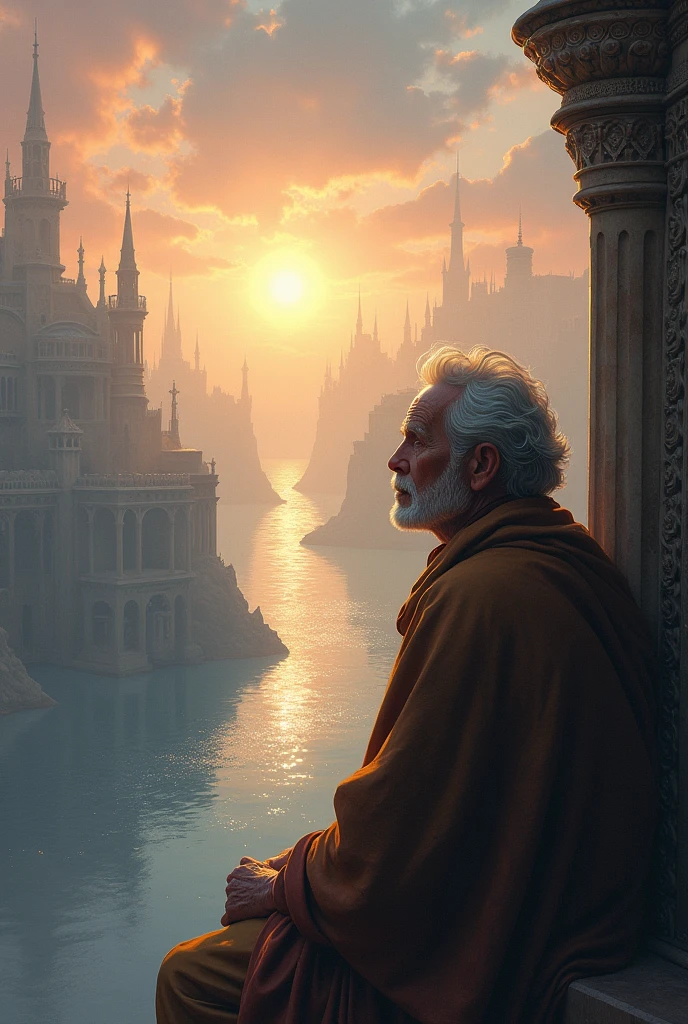 An elderly man, looking at the city, a heavenly city, The river of life , The sky.
