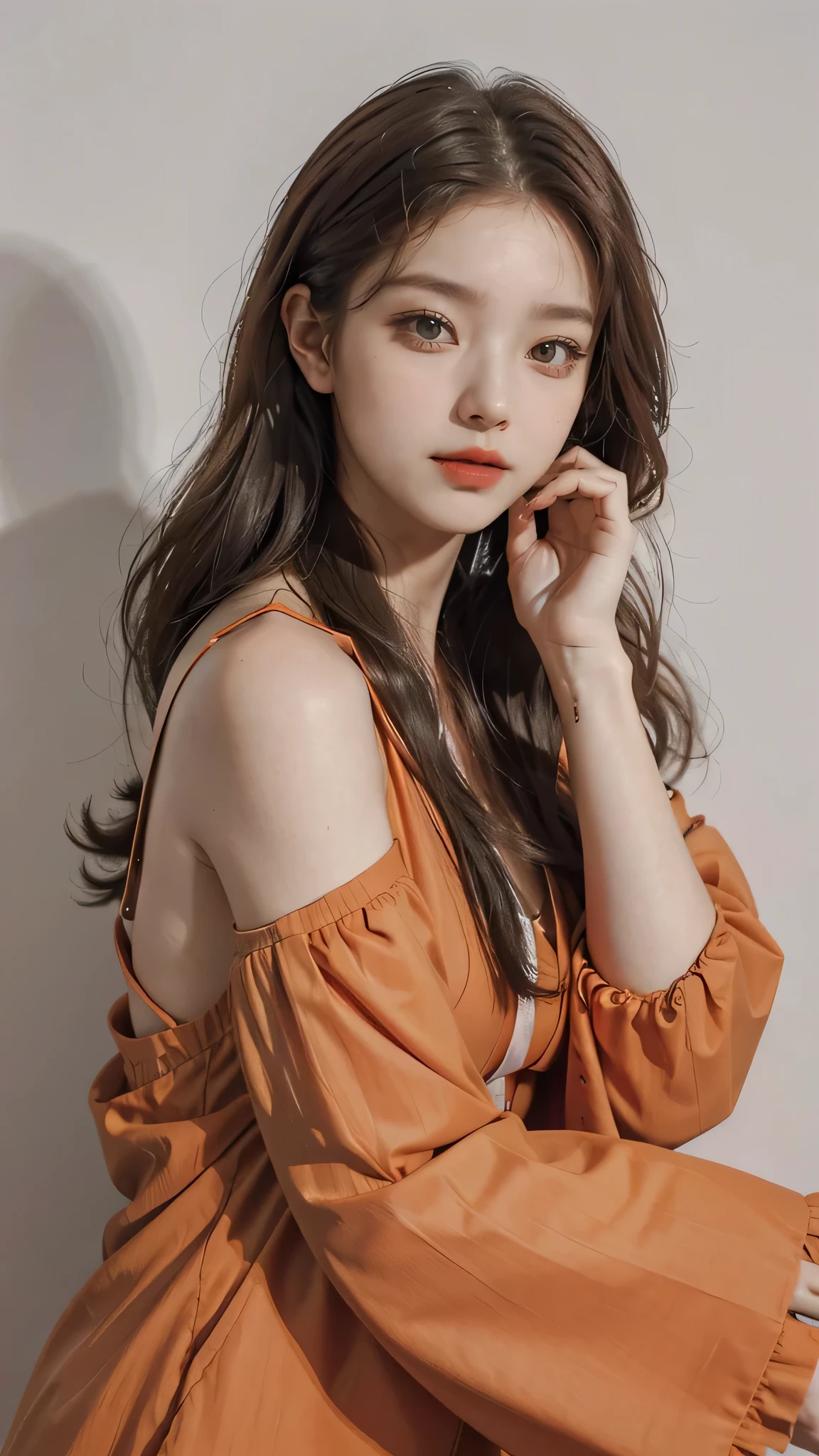 Girl wearing, luxury orange coat, shoulder length hair, wavy hair, glowing skin, star in eye, red lips, grey background, cute poses