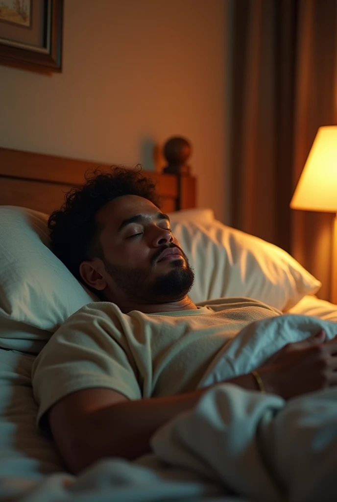 Create a hyper-realistic 8K cinematic image of a 4 athletic man with short, curly black hair and a medium brown skin tone. The scene captures him arriving home after a long day. He changes into comfortable, worn-out clothes—representing a state of relaxation and comfort. The focus is on the moment he collapses onto a bed with a deep sigh of relief, surrounded by the soft, warm glow of a cozy room. His tired, yet peaceful expression, combined with his casual, almost "indigent" attire, highlights the comfort he finds in this daily ritual.