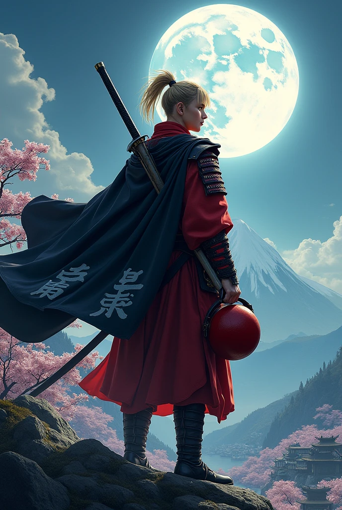 A guy with a shield, 170 cm tall, with blond hair and blue eyes, hair tied into a ponytail with a piece of leather similar to a hair tie, tail length to shoulders, he has scarlet armor with a cape, On the black cape are Japanese runes denoting peace, The color of the runes is white. The samurai has two blades, one is two-handed on his back, the other is a regular katana., holds a scarlet helmet in his hands, [top quality] [1:1] environment night full moon samurai stands on the mountain, under the mountain there is an ancient Japanese settlement in the center of the settlement cherry blossoms have blossomed, [top quality] [1:1] Phone wallpaper 