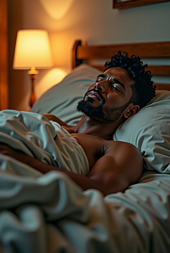 Create a hyper-realistic 8K cinematic image of a 4 athletic man with short, curly black hair and a medium brown skin tone. The scene captures him arriving home after a long day. He changes into comfortable, worn-out clothes—representing a state of relaxation and comfort. The focus is on the moment he collapses onto a bed with a deep sigh of relief, surrounded by the soft, warm glow of a cozy room. His tired, yet peaceful expression, combined with his casual, almost "indigent" attire, highlights the comfort he finds in this daily ritual.