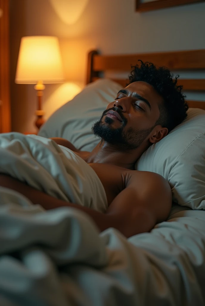 Create a hyper-realistic 8K cinematic image of a 4 athletic man with short, curly black hair and a medium brown skin tone. The scene captures him arriving home after a long day. He changes into comfortable, worn-out clothes—representing a state of relaxation and comfort. The focus is on the moment he collapses onto a bed with a deep sigh of relief, surrounded by the soft, warm glow of a cozy room. His tired, yet peaceful expression, combined with his casual, almost "indigent" attire, highlights the comfort he finds in this daily ritual.