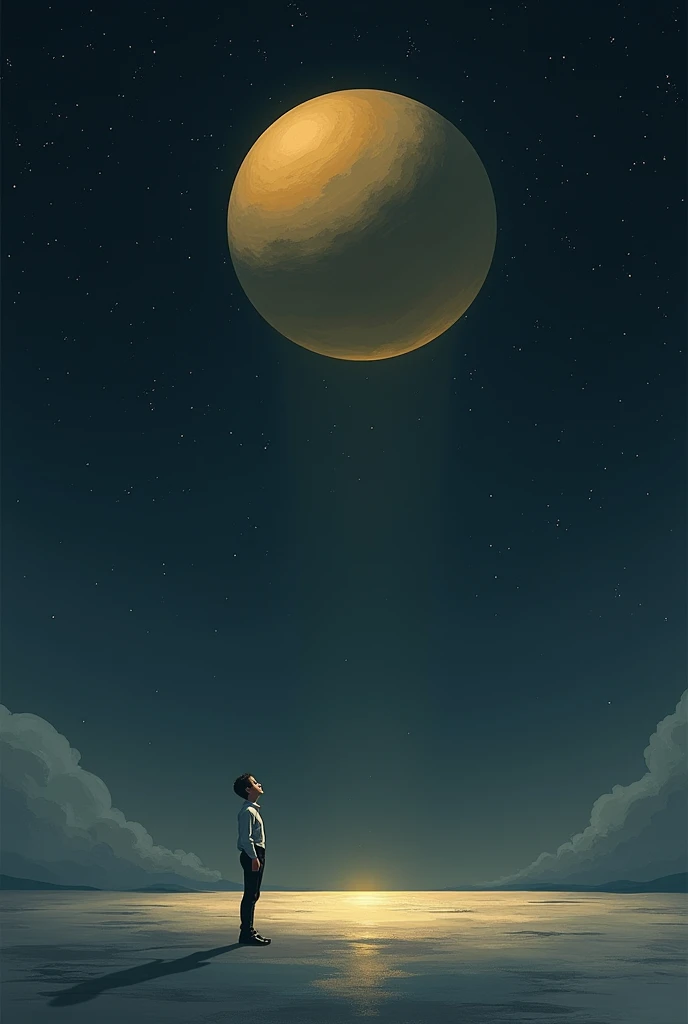 A side shot of a small man looking up at the r sphere on top of a light gray floor with water all over the floor, and the sky is black with few stars and in front of it a giant optimistic light yellow sphere representing the opportunities that the world offers