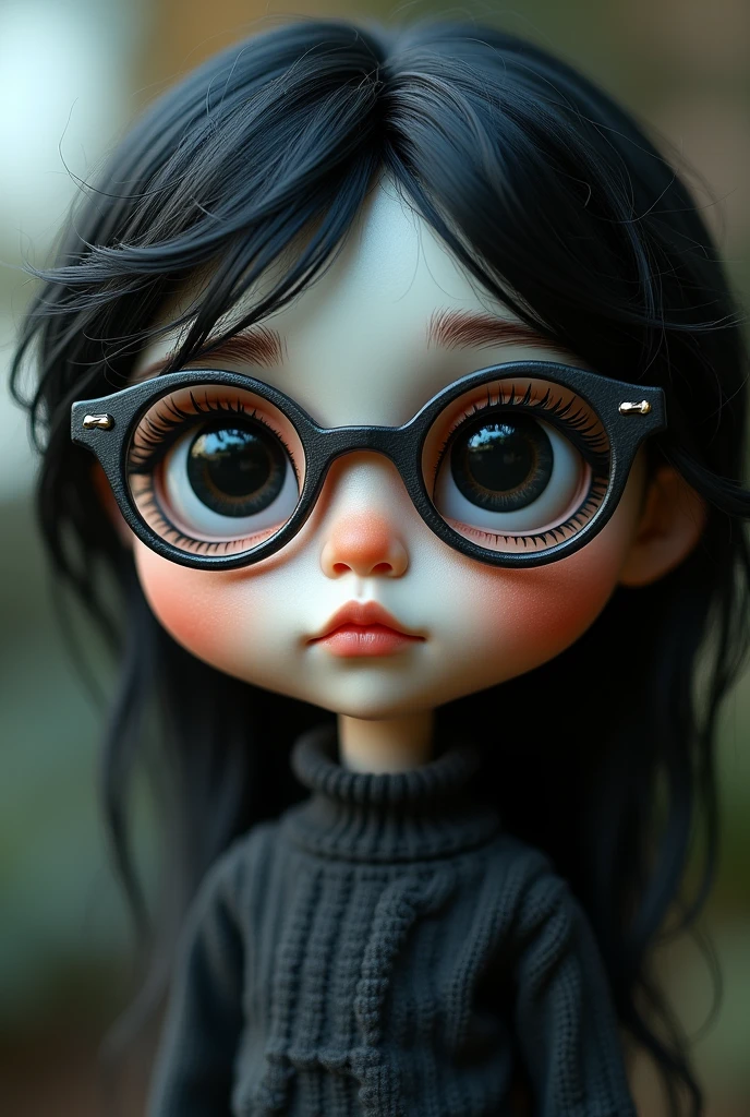 blythe doll , long wavy black hair, with maroon-colored glasses , light brown skin , black and white striped sweater , in the dawn 