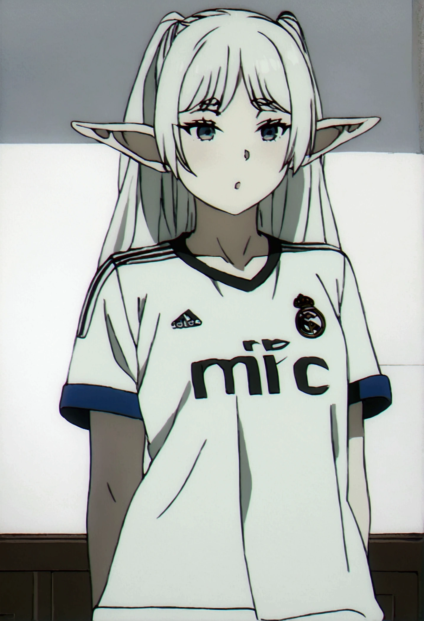 (best qualityer, work of art),sexually, erotic, 18+, NSFW, 1 girl, 1 , dressed as the Real Madrid shirt, elf ear , 4k image quality