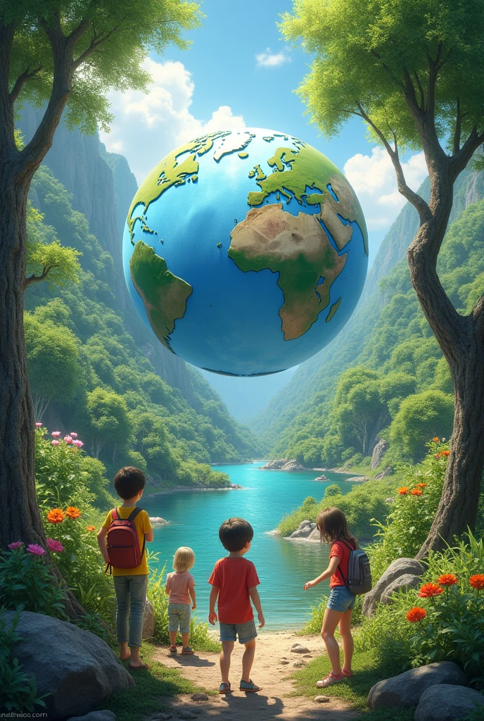 Planet Earth with children making use of responsible and sustainable consumption of the environment