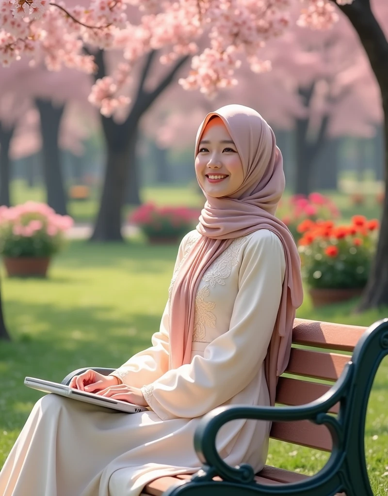 A beautiful Korean woman, wearing a long hijab, a layered hijab in bright colors,Sitting smiling in the park,Bright morning atmosphere, giving the impression of enthusiasm in the morning. Cherry blossom trees, roses in pots,Wearing a long Cream dress with elegant embroidered accents.Sitting on a park bench. Laptop and books on the park bench.