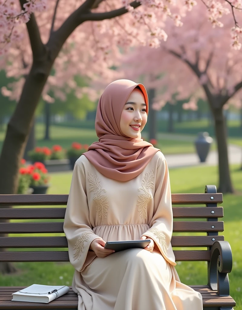 A beautiful Korean woman, wearing a long hijab, a layered hijab in bright colors,Sitting smiling in the park,Bright morning atmosphere, giving the impression of enthusiasm in the morning. Cherry blossom trees, roses in pots,Wearing a long Cream dress with elegant embroidered accents.Sitting on a park bench. Laptop and books on the park bench.