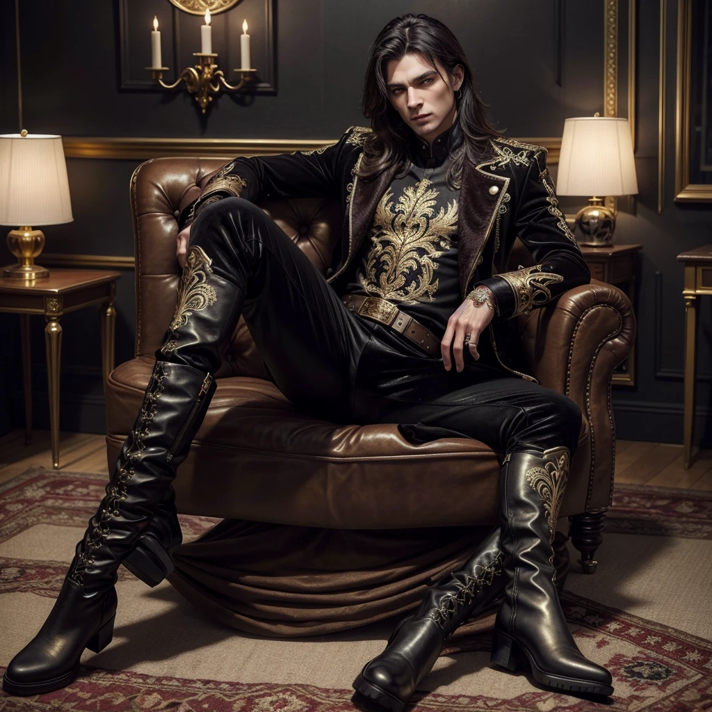 a dark velvet tunic, adorned with detailed gold embroidery, combined with finely crafted leather pants and boots. The outfit has an air of sophistication and masculine power.
