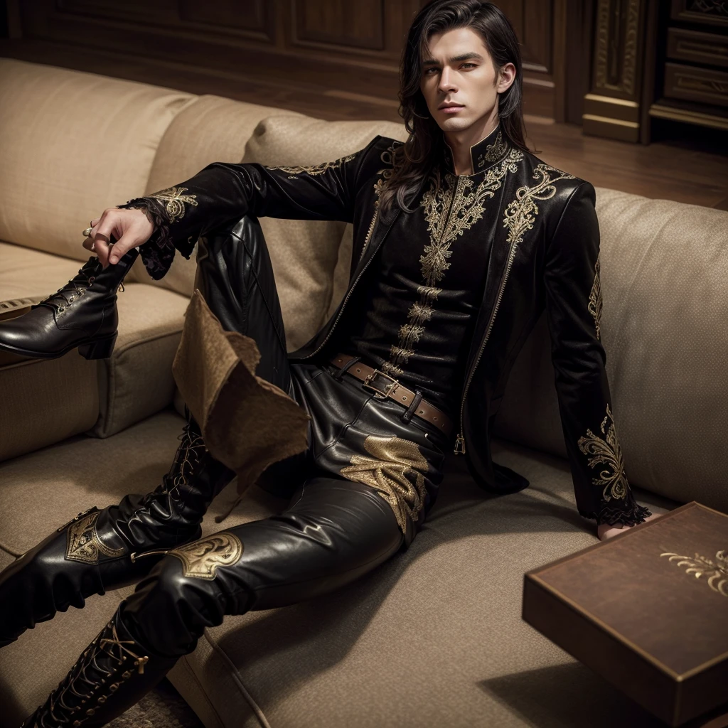a dark velvet tunic, adorned with detailed gold embroidery, combined with finely crafted leather pants and boots. The outfit has an air of sophistication and masculine power. 