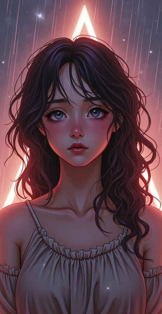 a beautiful young girl with dark brown curly hair, devastated expression, piercing blue eyes, delicate facial features, pale skin, wearing a simple white dress, standing alone in a desolate, gloomy landscape, heavy rain and thunderstorms, dramatic lighting, moody and somber atmosphere, (best quality,8k,highres,masterpiece:1.2),ultra-detailed,(realistic,photorealistic,photo-realistic:1.37),dramatic lighting,dark and moody,cinematic,emotional portrait